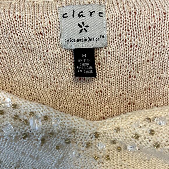 Clare Icelandic Design Sweater Pullover Embellished Collar Cotton Knit Cream M - Picture 2 of 4